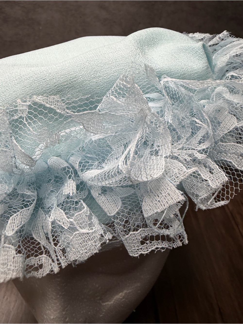 Vintage 1950s Light Blue Baby pillbox Bonnet with White Lace Ruffle Trim - Picture 3 of 9